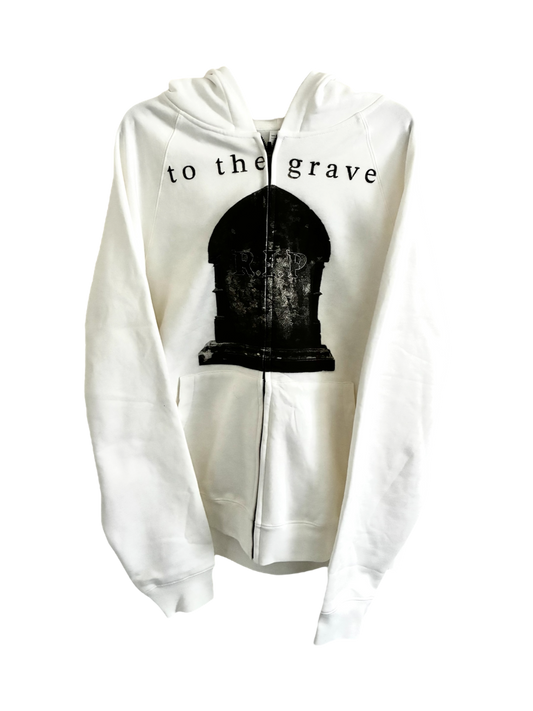 "to the grave" zip up (white)